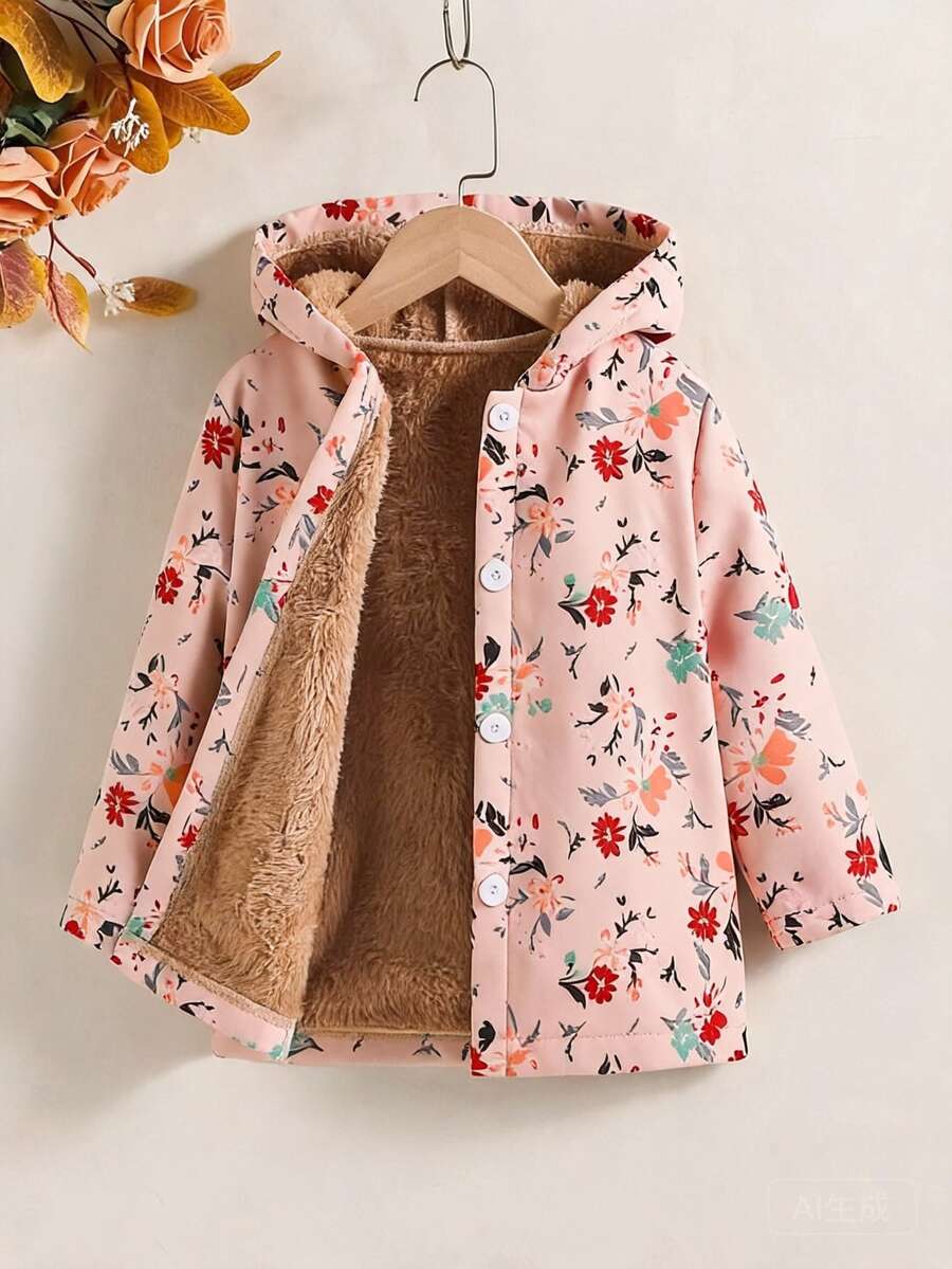 SHEIN Vintaside Kids 女童幼兒田園碎花連帽抓絨內裡加厚中長款外套 秋冬款 - 粉色 - 查看 1