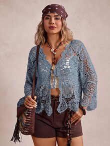 Freevana Plus Size Vacation Knit Hollow Out Cardigan - Dusty Blue - View 3