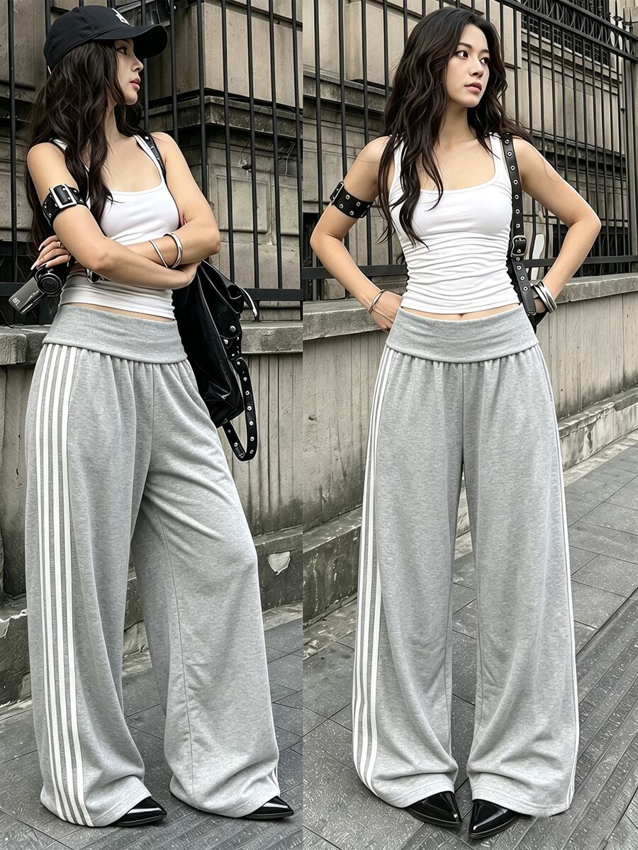 SHEIN Sparklyn 青少年女孩側邊白色條紋寬腿運動長褲,折疊低腰設計休閒時尚,垂直條紋經典永恆,寬鬆大腿版型修飾腿型,適合上學與旅行 - 淺灰色 - 查看 1