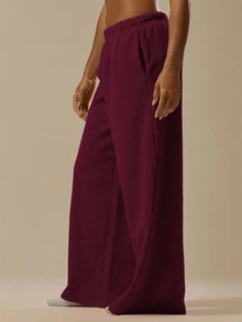 MUSERA ESSENTIALS Oversized Wide Leg Drawstring Joggers Casual Everyday Relaxed Basic Sweat Holiday Summer - Burgundy - View 3