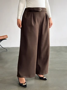 Firerie Plus Size Casual Elegant Metal Buckle Loose Pants - Brown - View 3