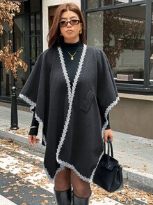 Vionelle Plus Size Women Elegant Solid Color Grey Wool Shawl Collar Lace Patchwork Asymmetrical Hem Loose Fit Autumn Winter Overcoat - Dark Grey - View 3