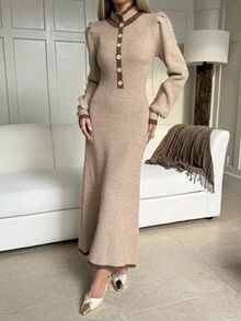 DAZY 秋冬駝色鈕扣前開襟花瓣袖羅紋針織修身長版優雅溫柔通勤女款針織洋裝 - 棕色 - 查看 4