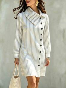 LUMIGAL Women's Autumn New Casual Striped Button Front Short & Long Sleeve Dress - Black and White - View 4
