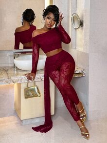 BamGleam Atmospheric Burgundy Asymmetrical Shoulder Lace Long Sleeve Top And Sexy Girl Set With Ribbon Bodycon Pants - Burgundy - View 1