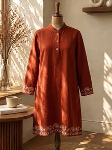 Rusticease Plus Size Women's Paisley Embroidered Cuff Button Design Long Sleeve Casual Dress - Brown - View 3