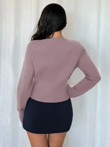 Elyressa 女款時尚休閒法式優雅極簡不對稱鈕扣針織開襟開襟毛衣上衣 高端設計 灰紫色 秋冬 - 淺灰紫 - 查看 2