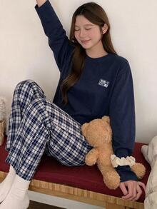 DAZY Women's Denim Long Sleeve Top And Patch Pants Casual Daily Loungewear Set - Navy Blue - View 3