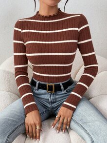 SHEIN Frenchy Women's Korean Style Frill Trim Striped Contrast Color Long Sleeve T-Shirt - Brown - View 4