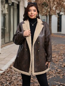 Reflora Plus Size Colorblock PU Material Patchwork Button Long Sleeve Jacket Hiking Holiday Brown Winter Casual Elegant - Brown - View 7