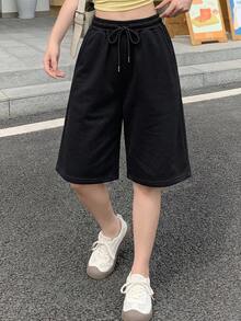 Dazy Tall Women's Elastic Waist Drawstring Loose Straight Leg Solid Black Casual Sports Shorts - Black - View 5