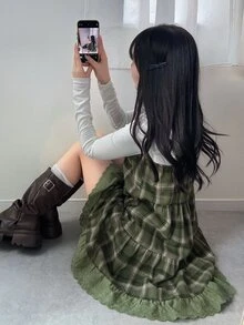 DAZY 青少年女孩格紋百褶休閒日常外出細肩帶上衣 - 綠色 - 查看 2