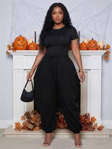 Slaydiva Plus Size Women's Pants, Olive Drawstring Side Draped Cuffed Harem Trousers Fall - Black - View 13