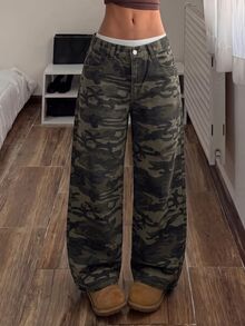 Muchica Celana Jeans Wanita Kasual Warna Hijau Zaitun Model Lurus - Hijau Tentara - View 1