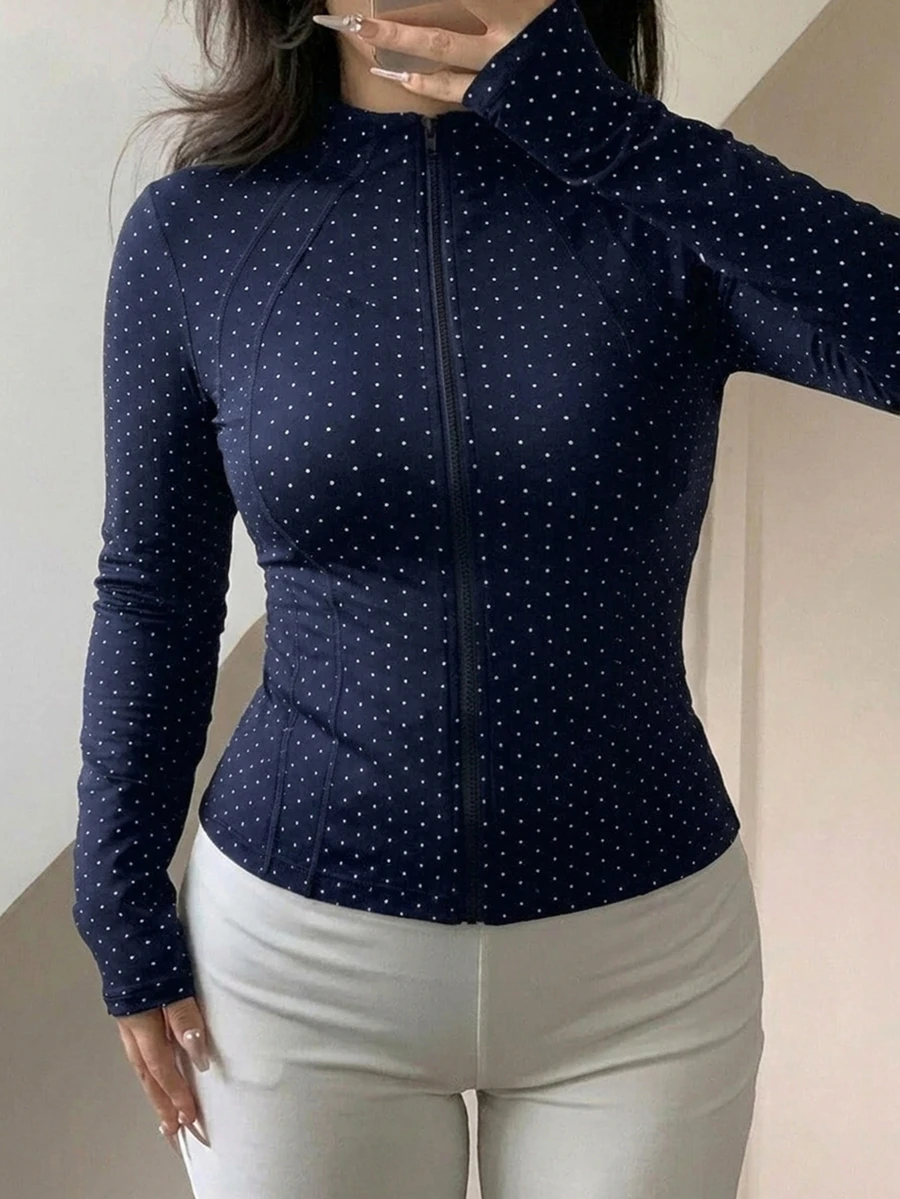 Dazy Plus Black Polka Dot Outdoor Raglan Sleeve Slim Fit Waist Cinched Sports Jacket Spring Autumn New Style - Navy Blue - View 1