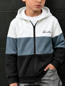 SHEIN 兒童青少年男孩休閒舒適拼色連帽衛衣外套，字母圖案，適合秋冬、戶外玩耍、學校、街頭穿搭、派對與休閒，超值之選 - 彩色 - 查看 6