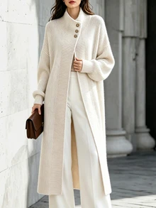 SHEIN Women's All-Match Fashion Minimalist Versatile Lapel Button Long Cardigan Stand Collar Button Commuter Sweater Coat - Apricot - View 1