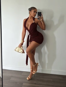 Slaydiva Summer New Elegant Party Sexy Vacation Beach Backless Ruched Twist Red Shiny Ice Silk Women Mini Dress-A - Rust Brown - View 4