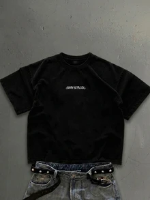 Manfinity ZONE917 美式復古哥德風做舊 GOD'S PLAN 圖案黑色短袖短版 T-shirt - 黑色 - 查看 6
