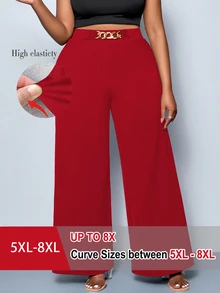 SHEIN CURVE+ 大尺碼女款純色腰帶裝飾寬腿長褲，適合四季穿著，適用於派對、演唱會、日常通勤風格、音樂節、浪漫場合、情人節、度假 - 紅色 - 查看 1