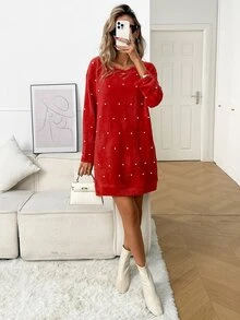 Balvessa Women's Faux Pearl Decor Asymmetrical Shoulder Casual Daily Summer Dress - Red - View 4