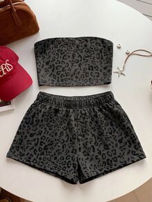 SHEIN EZwear 95%棉豹紋女款兩件套服裝，適合度假、畢業季、夏季上衣、日常通勤、約會、派對、秋冬夏季、聖誕節、新年、感恩節、派對、婚禮、海灘、畢業典禮、時尚、優雅、休閒、約會、預購、通勤、閃亮、情人節、優雅、度假、休閒 - 彩色 - 查看 3