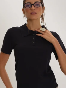 MUSEYN Black Knit Polo Top Versatile Everyday Basics Casual Fall - Black - View 5