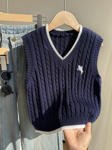 SHEIN كنزة صوفية محبوكة بكابلات للفتيات المراهقات، كنزة صوفية بأسلوب بريبي، ضرورية للخريف/الشتاء - أزرق بحري - مشاهدة 4