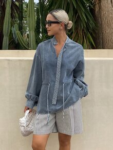 Livesso Tall Women's Pleated Casual Versatile Daily Denim Top - Light Wash - View 3