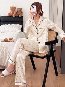 Napfluff Set Piyama Celana Panjang Lengan Panjang Motif Polkadot Hitam Sederhana dan Elegan untuk Wanita - Putih - View 3