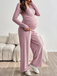 SHEIN 孕婦條紋哺乳長袖上衣與可調腰圍長褲休閒日常兩件套 秋季 - 粉色 - 查看 3