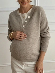 DAZY Patchwork Colorblock Loose Long Sleeve Crew Neck Casual Daily Korean Style Autumn Winter Knit Sweater Maternity Pullover - Khaki - View 6