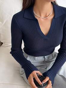 DAZY 女款素色翻領長袖商務休閒套頭毛衣 - 藏蓝色 - 查看 1