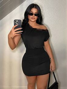 SHEIN SXY 黑色優雅蕾絲拼接單肩領口上衣 - 黑色 - 查看 6