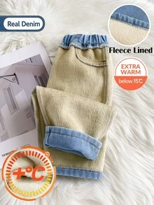 SHEIN Playful Pals Baby Boy Elastic Waist Thermal Line Denim Jeans - Light Wash - View 7