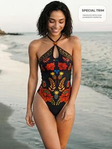 CAJUNI  Floral Print Halter Neck Casual Versatile Beach Wear One Piece Bikini - Multicolor - View 6