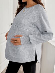 SHEIN Maternity Solid Color Round Neck Raglan Long Sleeve Casual Nursing Sweatshirt Winter - Grey - View 4