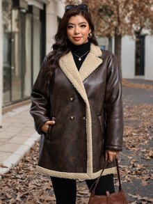 Reflora Plus Size Colorblock PU Material Patchwork Button Long Sleeve Jacket Hiking Holiday Brown Winter Casual Elegant - Brown - View 3