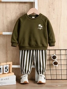 SHEIN 男嬰女嬰幼兒男童秋冬2件套長袖衛衣與慢跑長褲，舒適百搭休閒日常時尚運動簡約百搭風格，適合室內、戶外、日常穿著、運動、玩耍、派對、拍照、度假、假日四季皆宜 - 彩色 - 查看 6