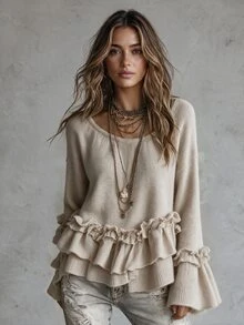 LUMIGAL Gentle Style Round Neck Frill Trim Flared Long Sleeve Multi-Layer Cake Hem Drop Shoulder Pullover Women's Knit Top - Khaki - View 3