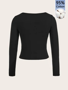 SHEIN EZwear 女款休閒極簡大圓領小飛袖黑色修身長袖打底T恤，低調百搭街頭風咖啡廳慵懶造型，四季穿著現代都市時尚商務辦公通勤機場服飾，靜奢優雅 - 黑色 - 查看 4
