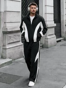 Manfinity CasualCool Men's Black & White Colorblock Jacket Set, Patchwork Contrast Fashion Versatile Style Suitable For Daily Streetwear, Also Ideal Gift For Boyfriend Or Husband - Multicolor - View 4
