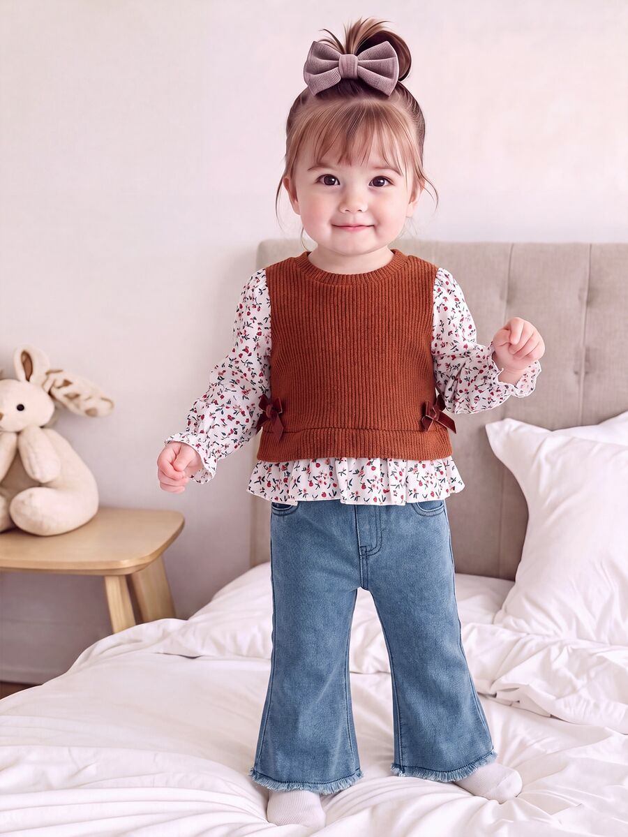 SHEIN 2pcs Baby Girl Light Brown Long Sleeve Floral Fabric Patchwork Fuzzy Knit Ribbed 2 In 1 Round Neck 3D Bow Ruffle Hem Top + Elastic Waist Washed Blue Denim Jeans Flared Pants Casual Retro Fashion Outfit Set, Suitable For Autumn/Winter Daily Wear And Versatile Styling