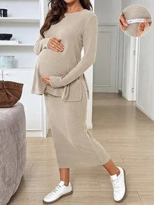 SHEIN 孕婦純色圓領長袖T恤與可調節腰圍裙子哺乳兩件套 - 杏色 - 查看 9