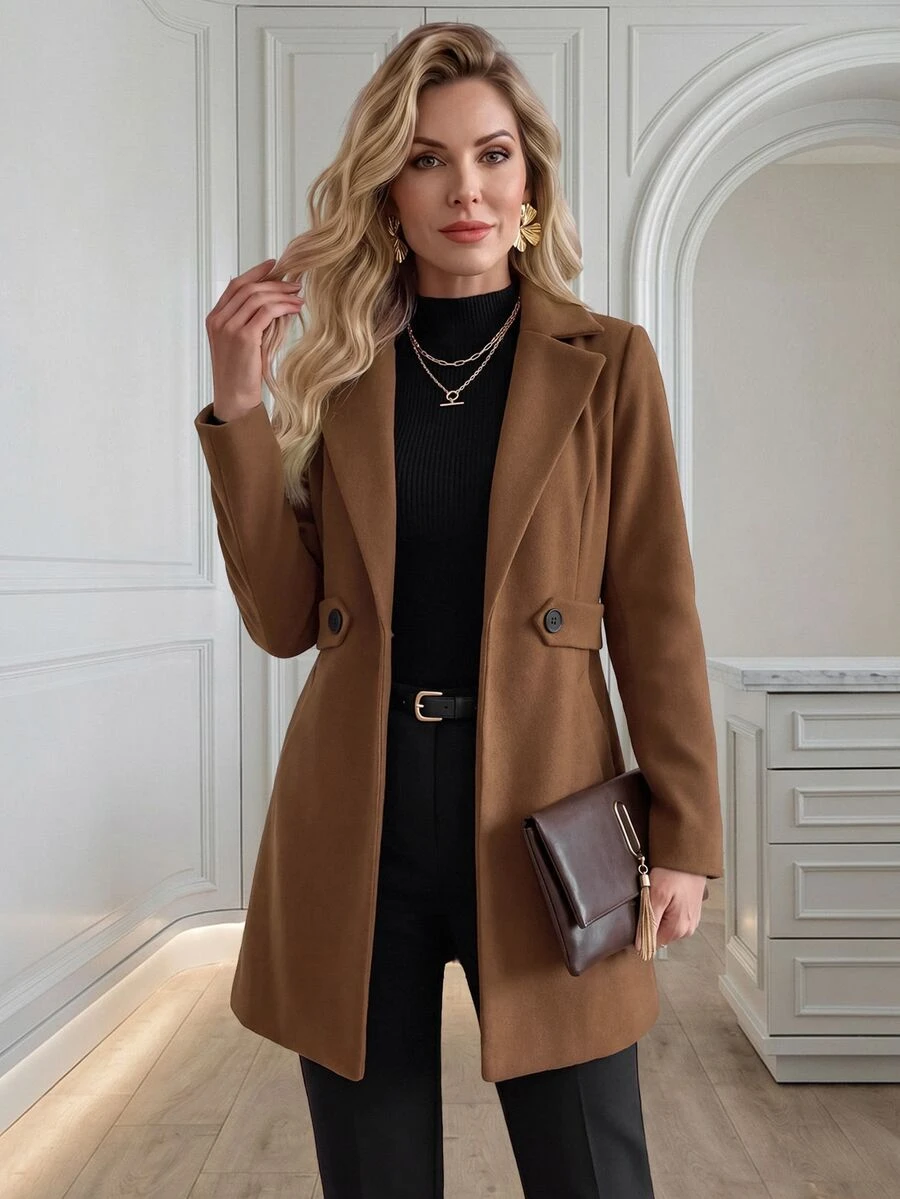 Medorina Women's Fashion Elegant Button Lapel Overcoat - Brown - View 1