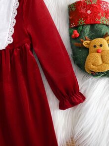 SHEIN Infant Toddler Vintage Velvet Santa Style Dress Baby Holiday Party Outfit Christmas Autumn Winter Dress - Red - View 8