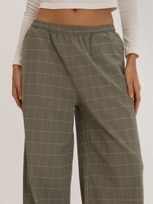 MUSEYN Khaki Grid Print Wide Leg Elasticated Waistband Pants Versatile Everyday Casual Fall - Grey - View 5