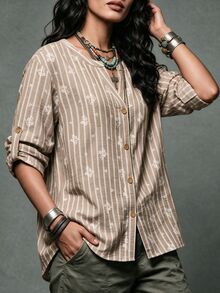 Ceyna Plus Size Women's French Casual Elegant Printed Striped Long Sleeve Shirt Fall - Apricot - View 3