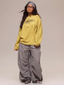 MUSERA 白色圖形Logo細節長袖上衣 冬季休閒日常舒適穿搭酷白女款上衣 - 黃色 - 查看 2