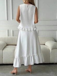 DAZY 女款純色百褶上衣與開衩設計裙子休閒兩件套 - 白色 - 查看 2